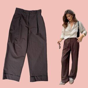 Zara High-Waisted Baggy Trousers – Chocolate Brown Pleated Cuffed Pants Size M